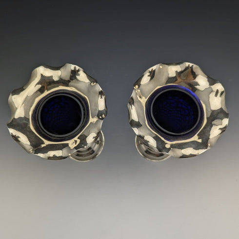 1906 British Antique Sterling Silver Large Vase Pair Cobalt Inner